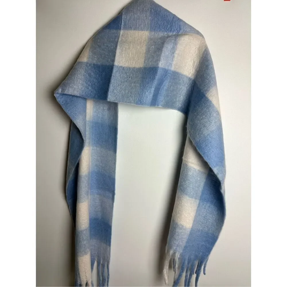 Blue and cream white plaid scarf